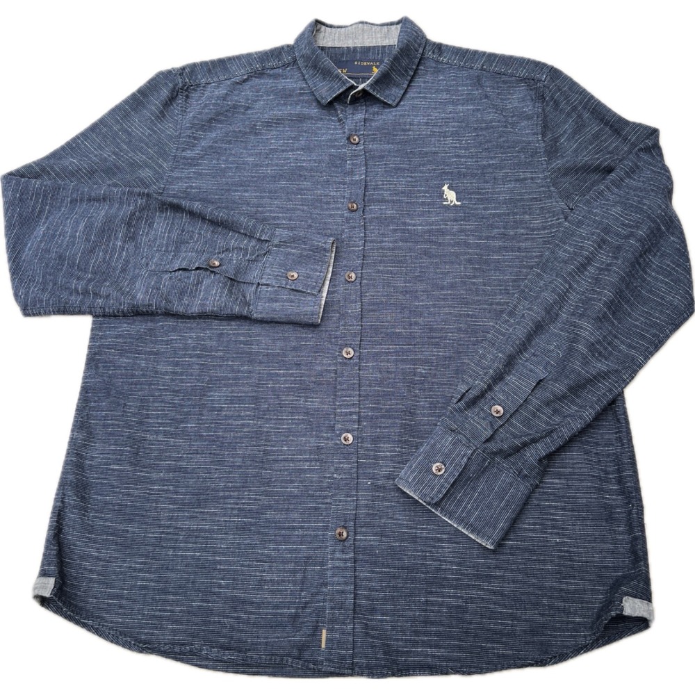 Sidewalk Brazil Kangaroo Logo Mens Indigo Blue Textured Cotton Button Down Shirt